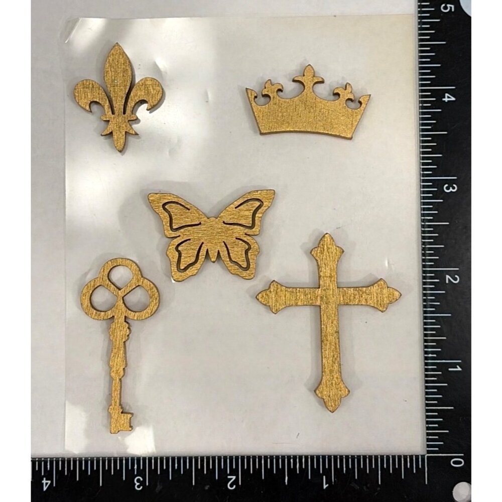 MICHAELS Wooden Embellishments Set 5 Pc Crown Butterfly Fleur-De-Lis Cross Key